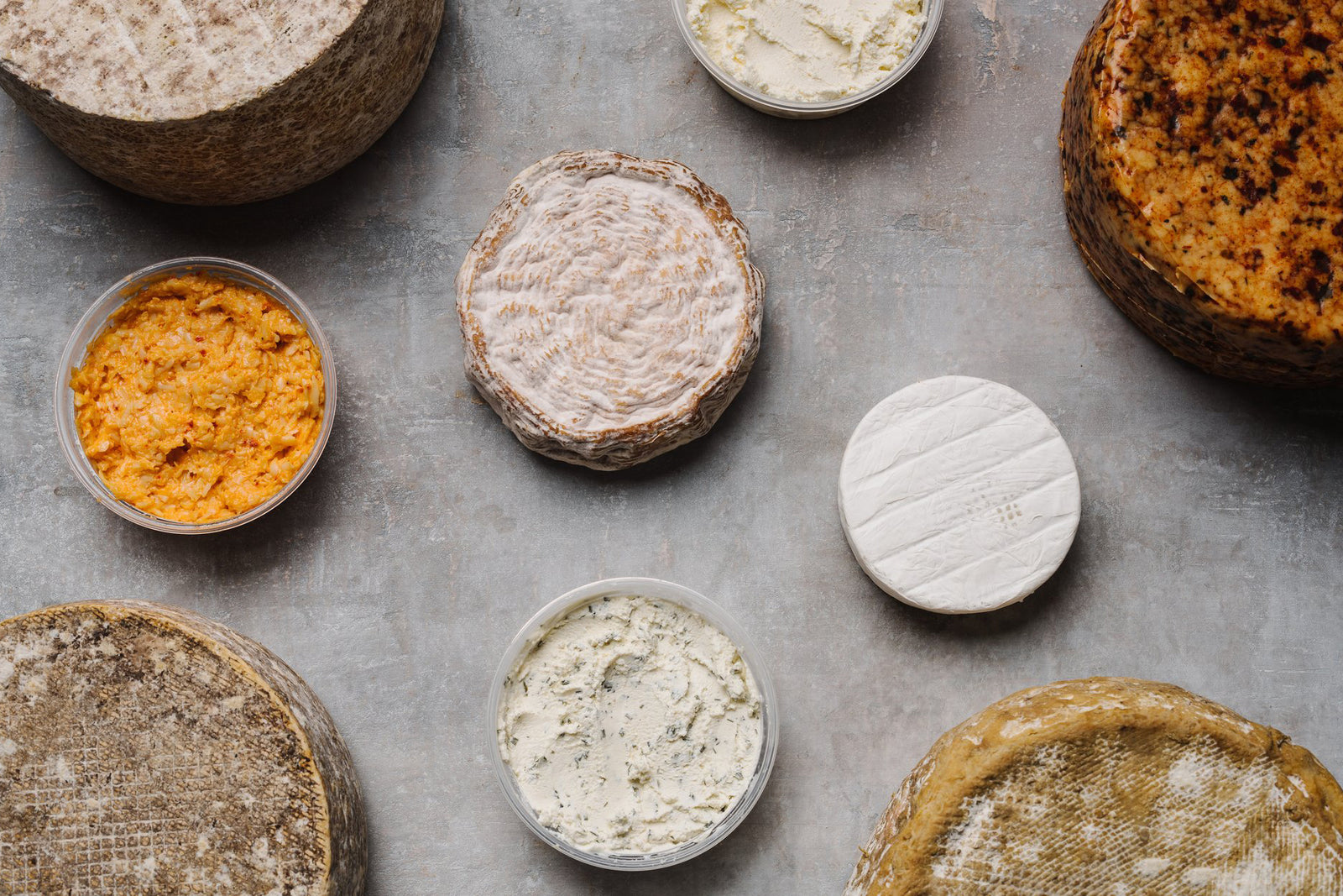 Cheeses laid out for a photo. 